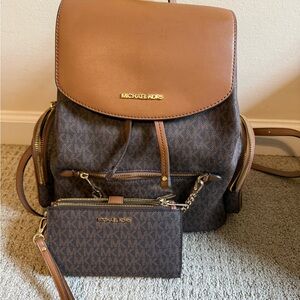 Michael Kors Brown & Tan Signature Backpack with Matching Wristlet